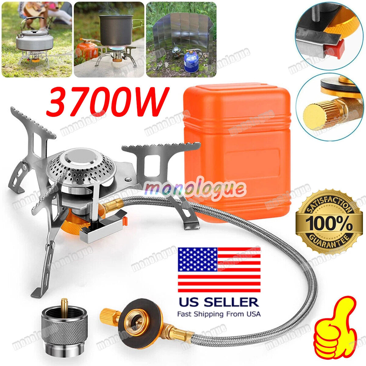 3700W Portable Backpacking Camping Gas Stove with Piezo Ignition, Burner, Case