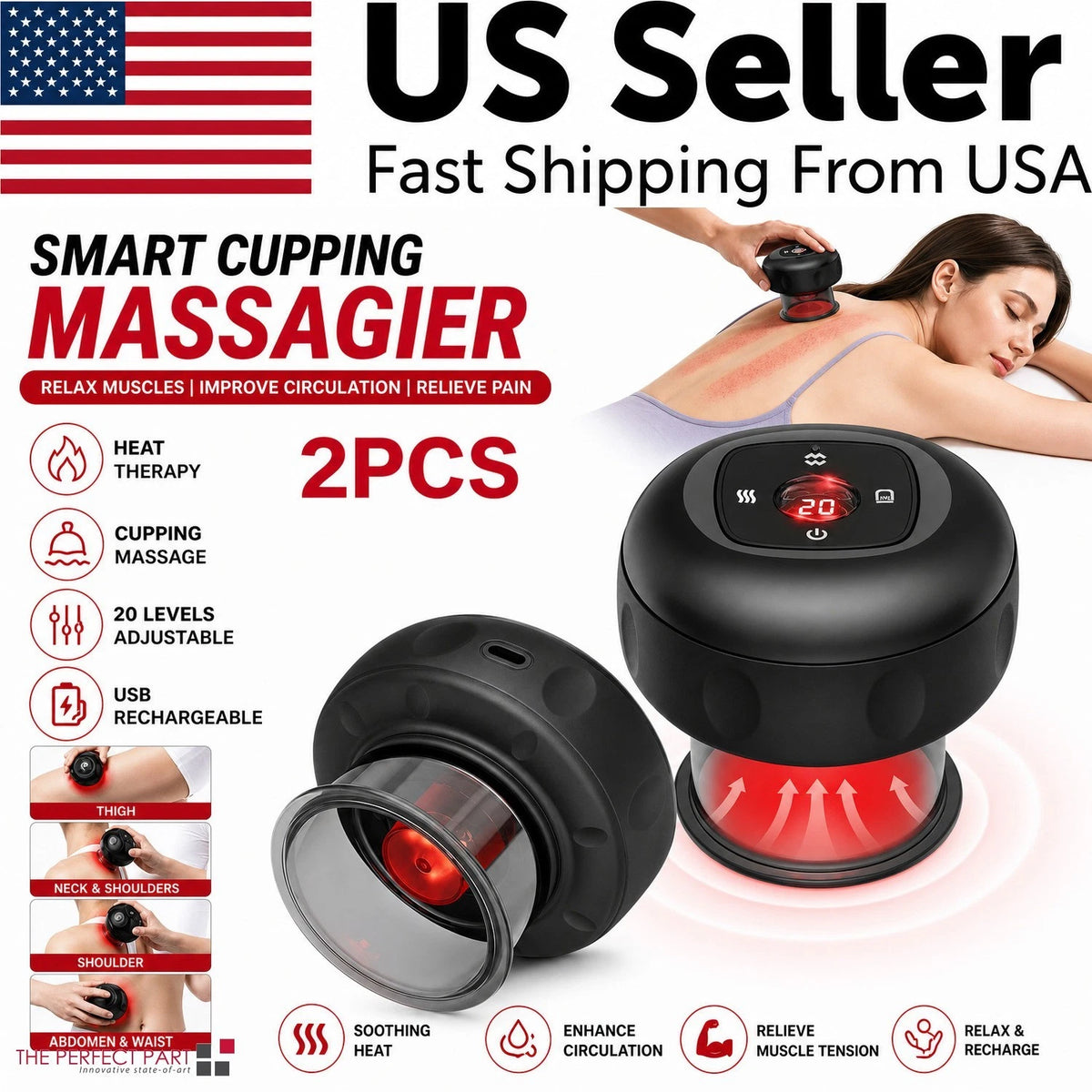 2PC Electric Heating Cupping Therapy Set Gua Sha Anti Cellulite Therapy Massager
