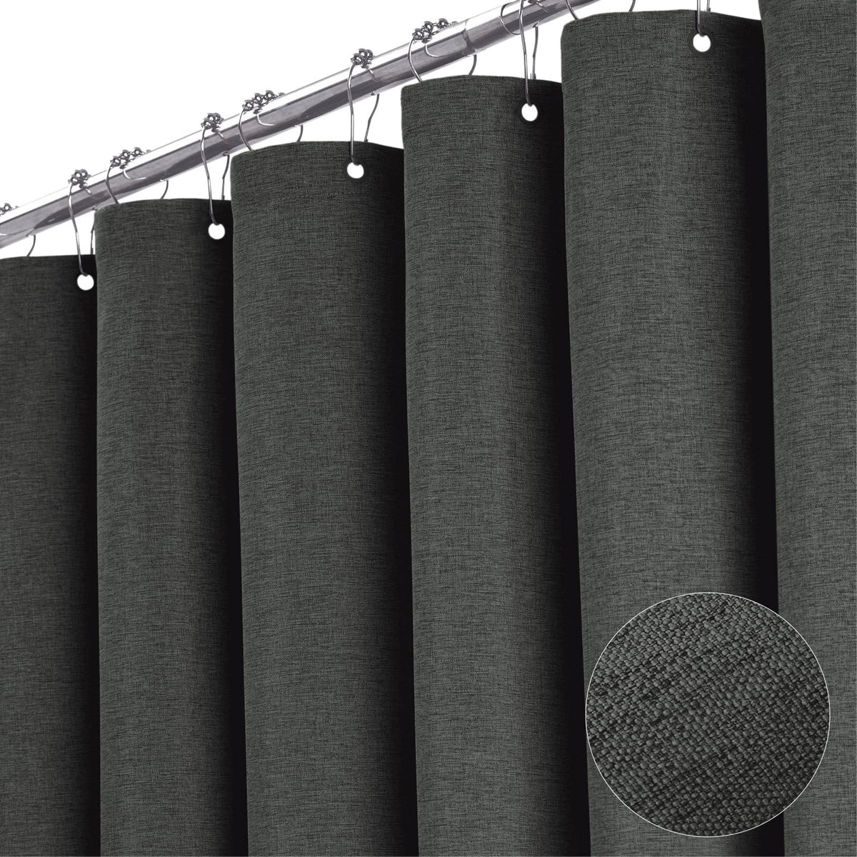 Charcoal Grey Shower Curtain Set - Waterproof Fabric, 72x72, 12 Hooks
