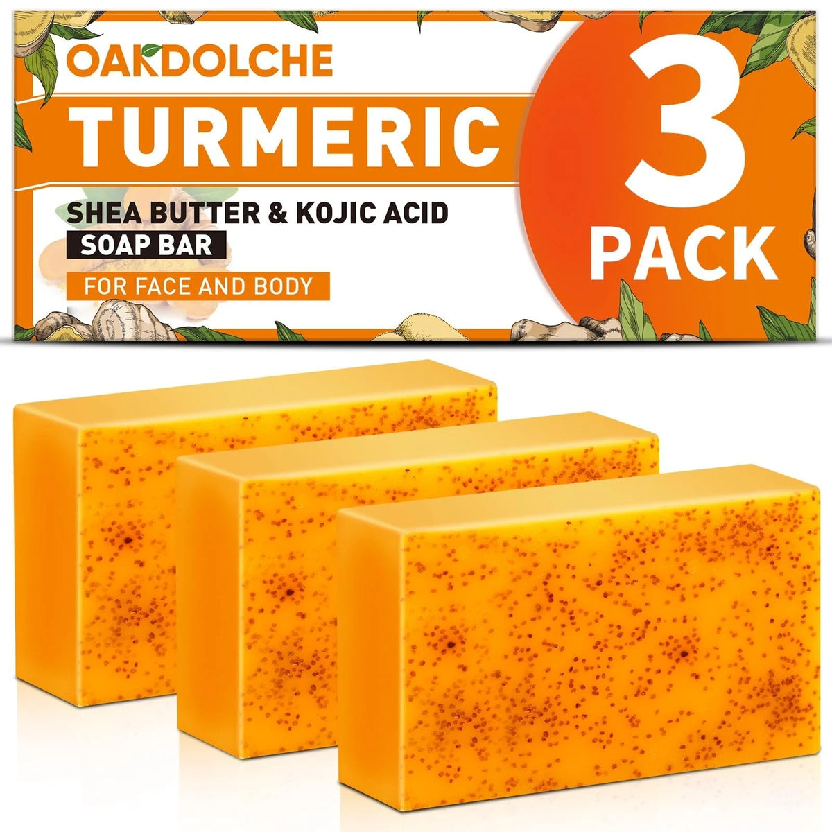 3 Pack Turmeric Kojic Acid Soap Bars - Infused with Retinol, Hydrolyzed Collagen