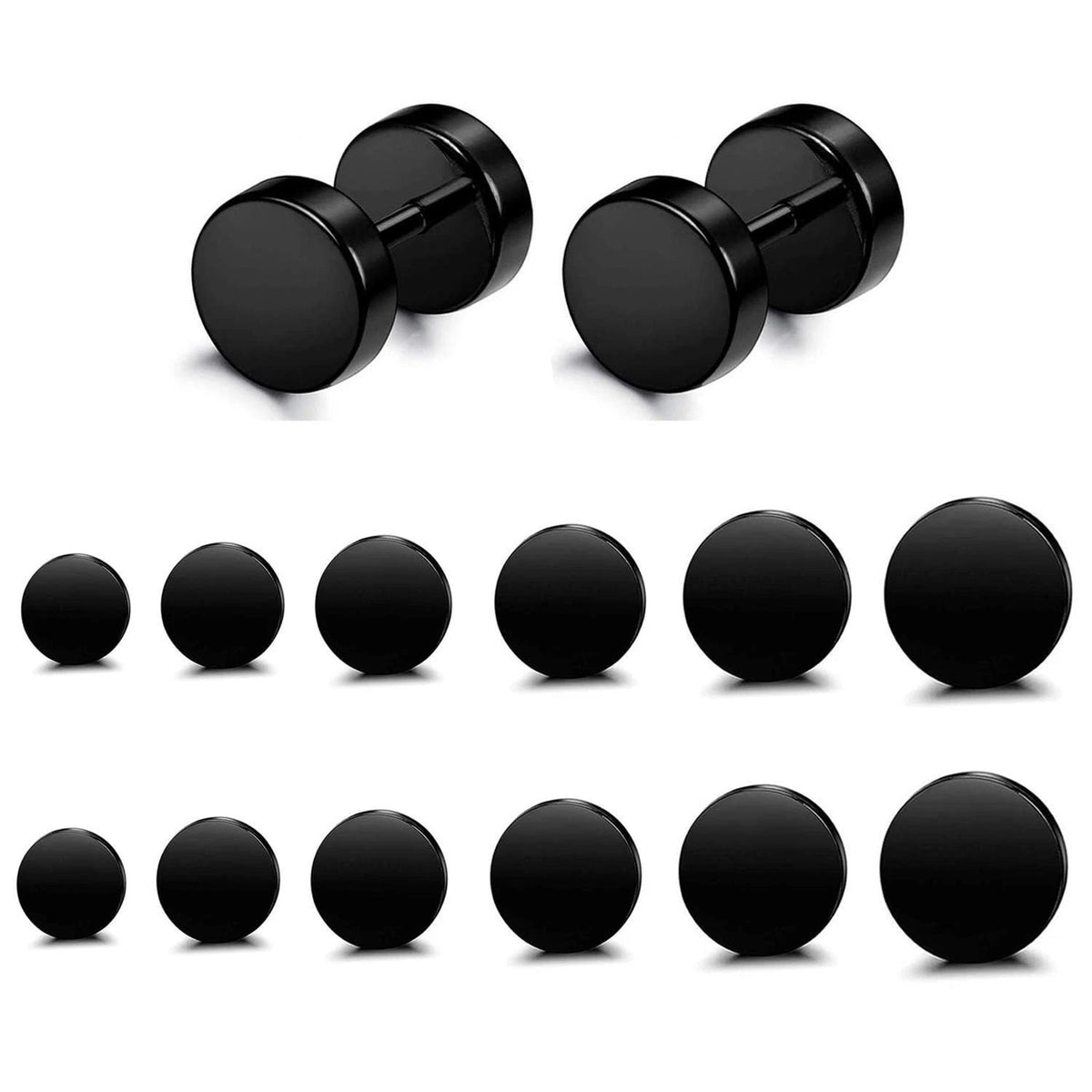 6 Pairs Stainless Steel Black Stud Earrings for Men Women Faux Gauges Ear Tunnel