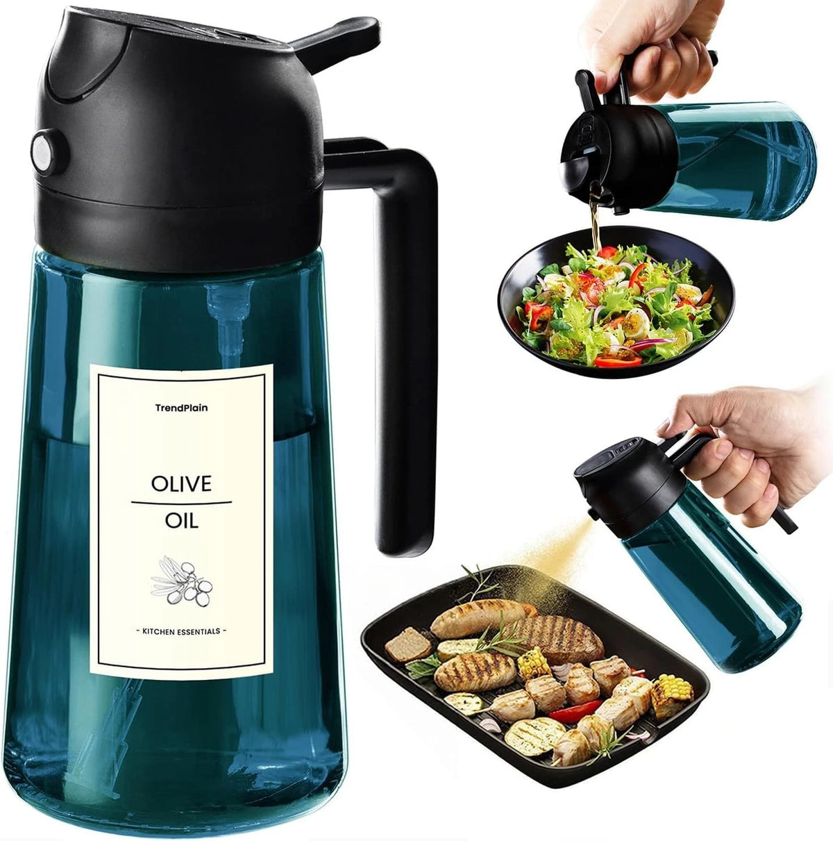 TrendPlain 16oz/470ml Blue Glass Olive Oil Sprayer for Cooking 2 in 1 Olive ...
