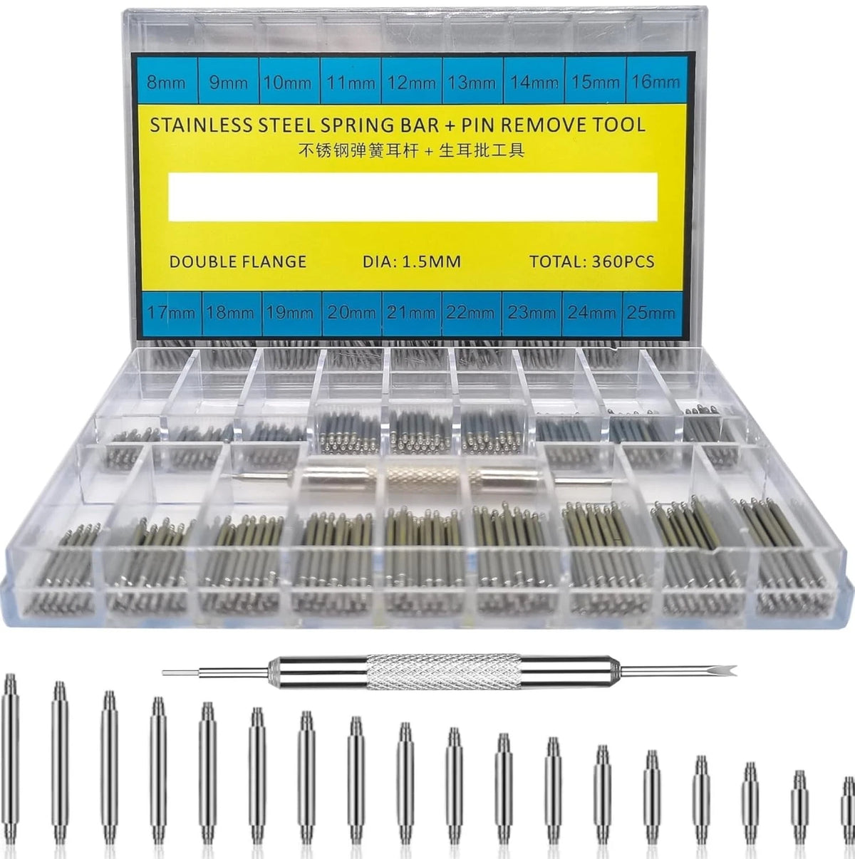XinYunfan 360Pcs (8-25mm) Watch Band Pins, Professional Watch Spring Bar + Bands