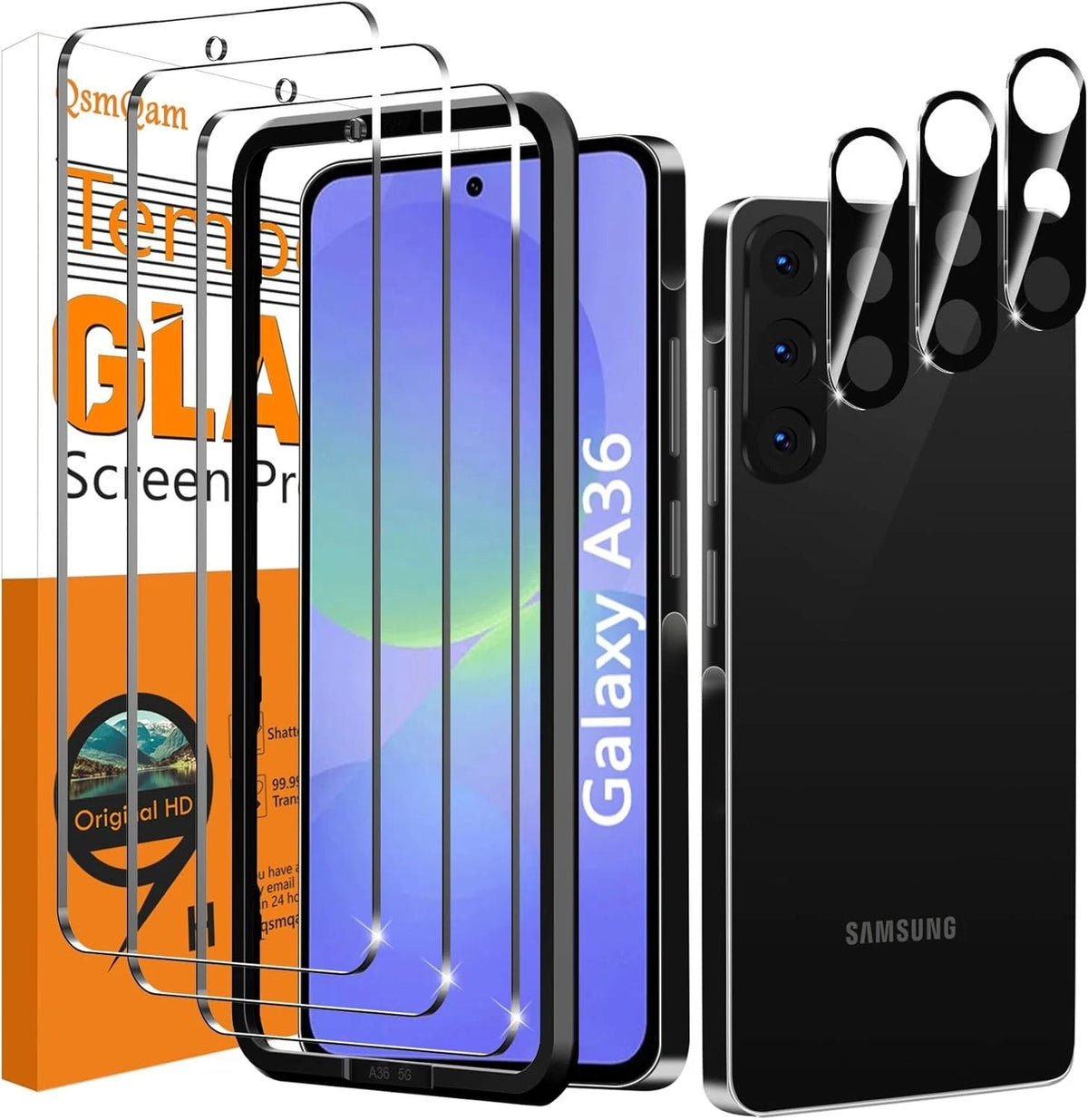 Qsmqam 3 Pack Screen Protector for Samsung Galaxy A36 5G + 3 Pack Camera Lens Pr