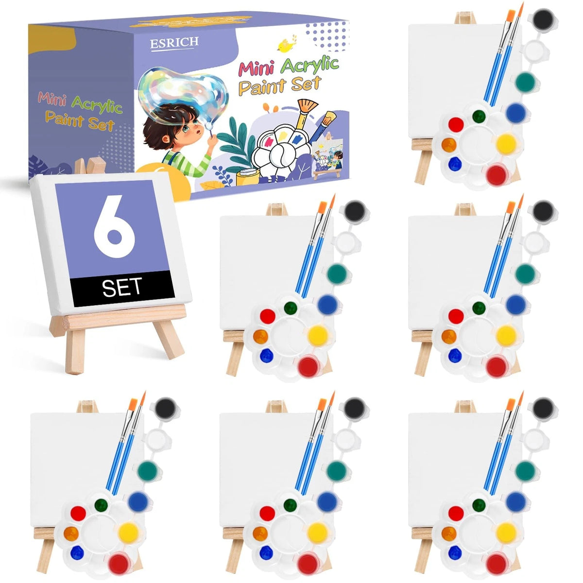 c6 Set Mini Acrylic Paint Kit, Minis Stretched Canvas with Easel, Acrylic Paint