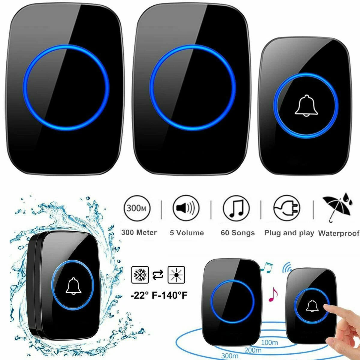 Waterproof Wireless Doorbell Adjustable Volume 1000FT Plugin Receiver 38 Chime