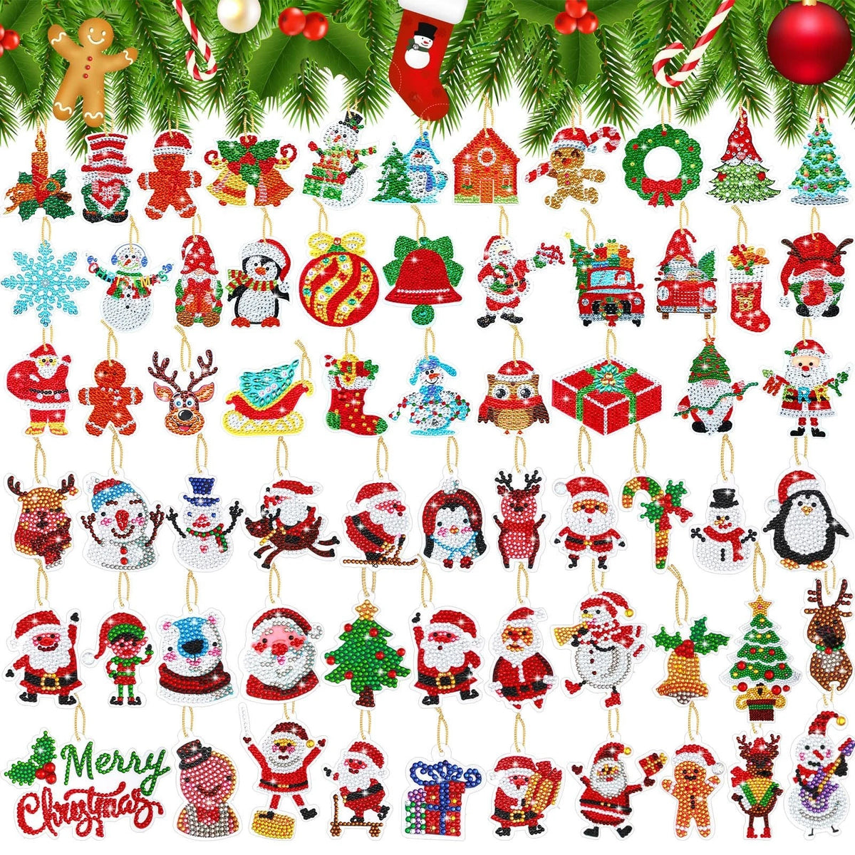 64 Pcs Christmas Diamond Art Ornaments Kits Xmas Diamond Art Kits for Adults San