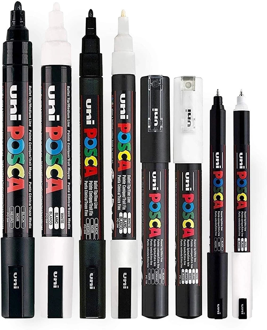 POSCA Black & White - Fine to Medium Set of 8 Pens (PC-5M, PC-3M, PC-1M, PC-1MR)