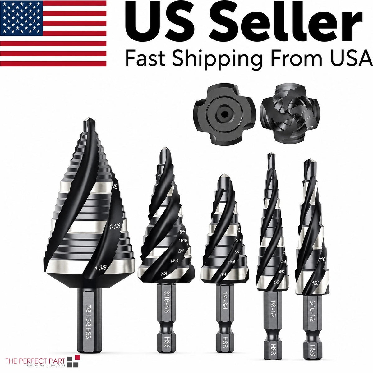Spiral Flute Step Drill Bit Set, 5 Pcs HSS Step Drill Bits Unibit Step Drill Bit