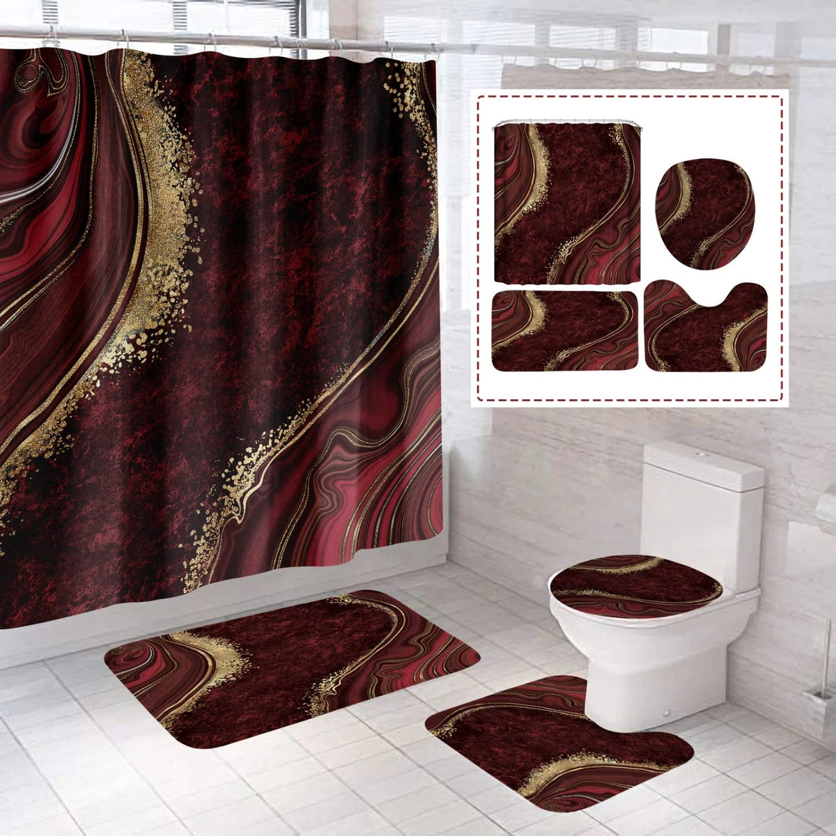 4Pcs Luxury Marble Shower Curtain Sets, Bathroom Sets with Shower Curtain, Toile