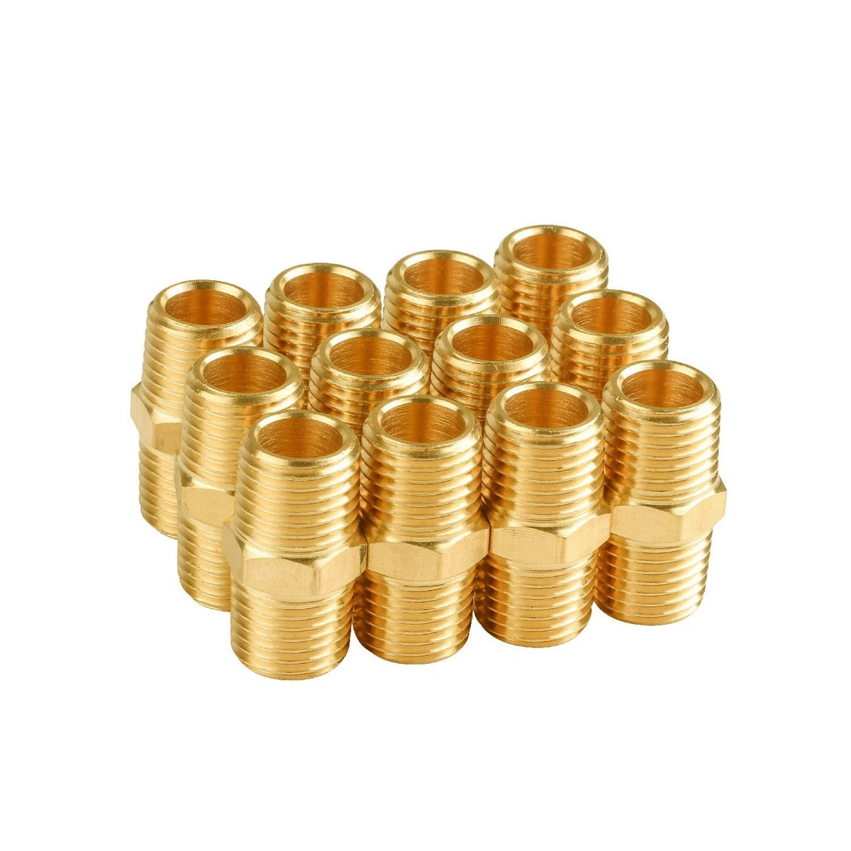 12-Pack 1/4 Inch Male Hex Nipples, 1/4'' NPT Male Brass Pipe Fitting Adapters, 1