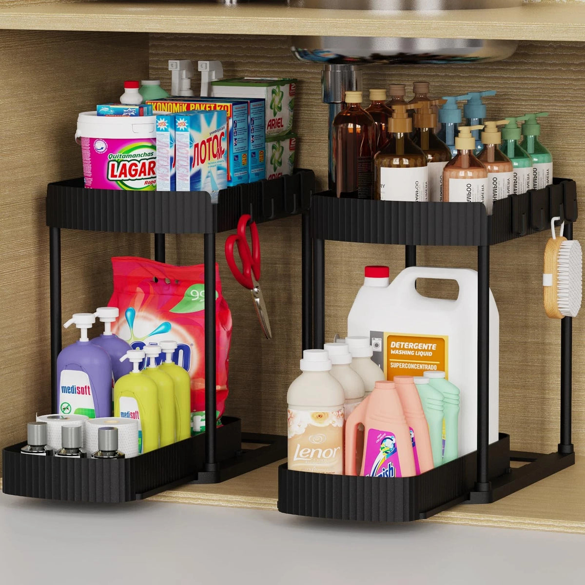 Pull-Out Under Sink Cabinet Organizer 2 Pack Black Kitchen Bathroom