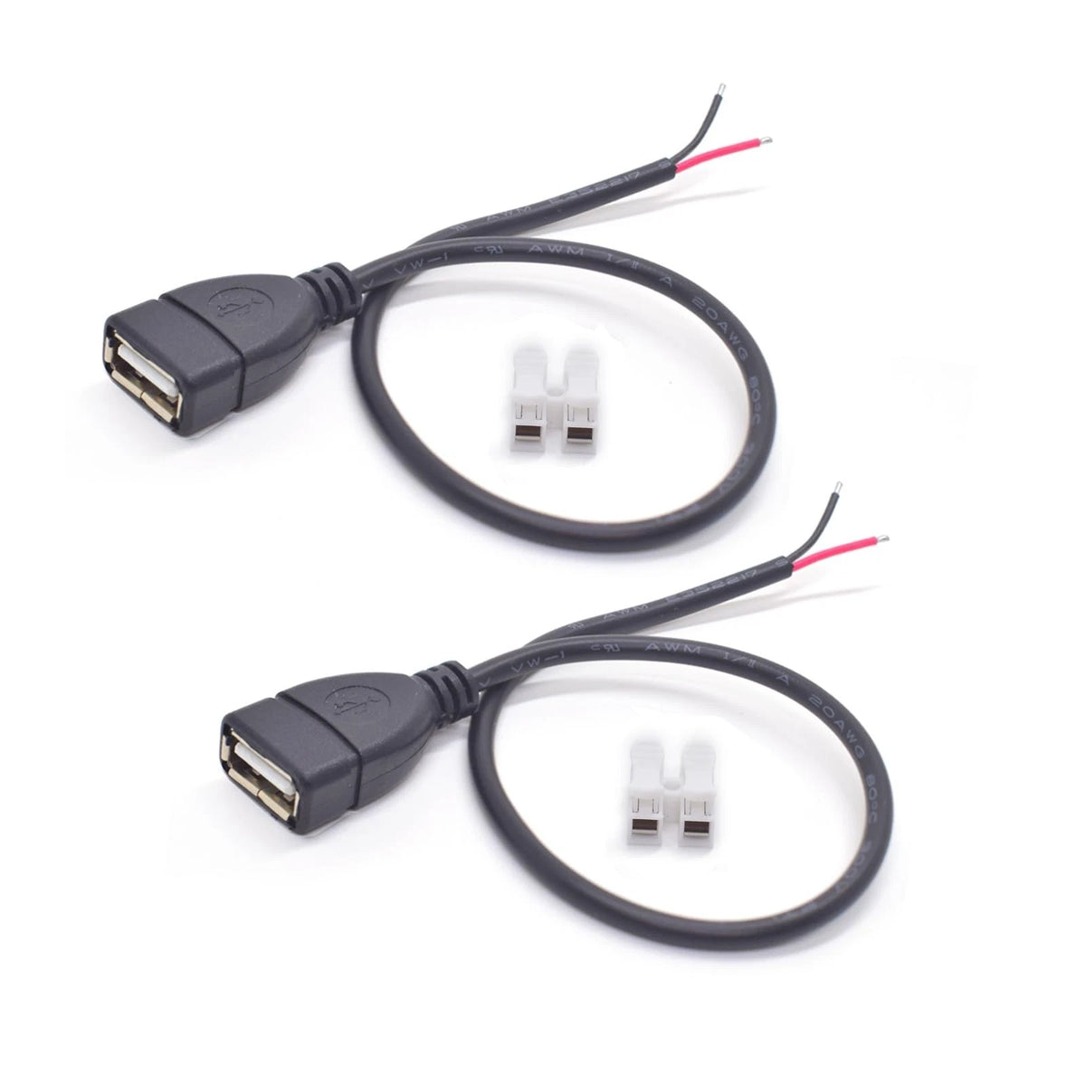2PCS USB 2.0 Female Pigtail Cable 1Ft 20AWG Power Wire with Spring Connector