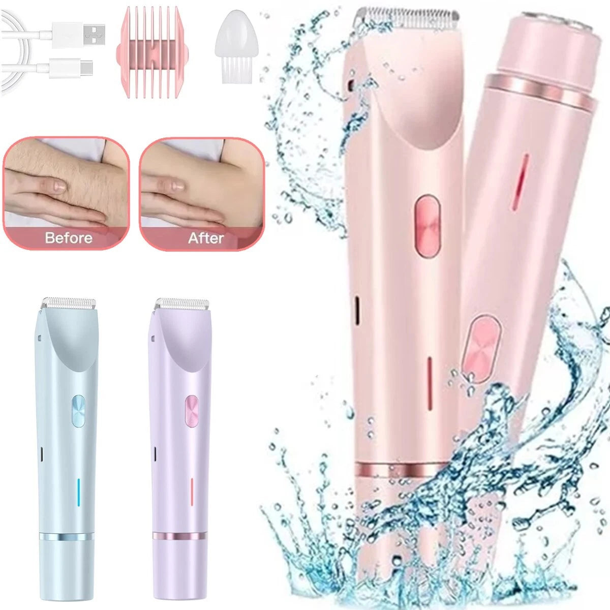2in1 Dual Head Electric Lady Waterproof Women Private Area Shaver Razor Portable
