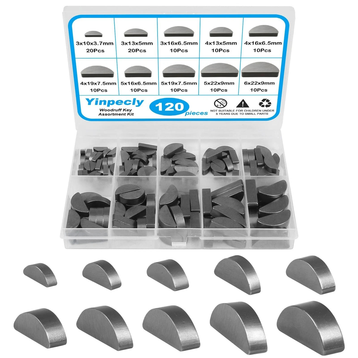 120pcs Woodruff Key Assortment Kit, 10 Popular Sizes of Half Moon Keys, Metri...