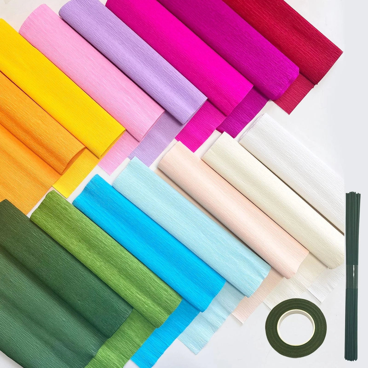 65pcs Crepe Paper Flower DIY Kits, 14 Rolls Rainbow Colors Crepe Paper Rolls 8ft