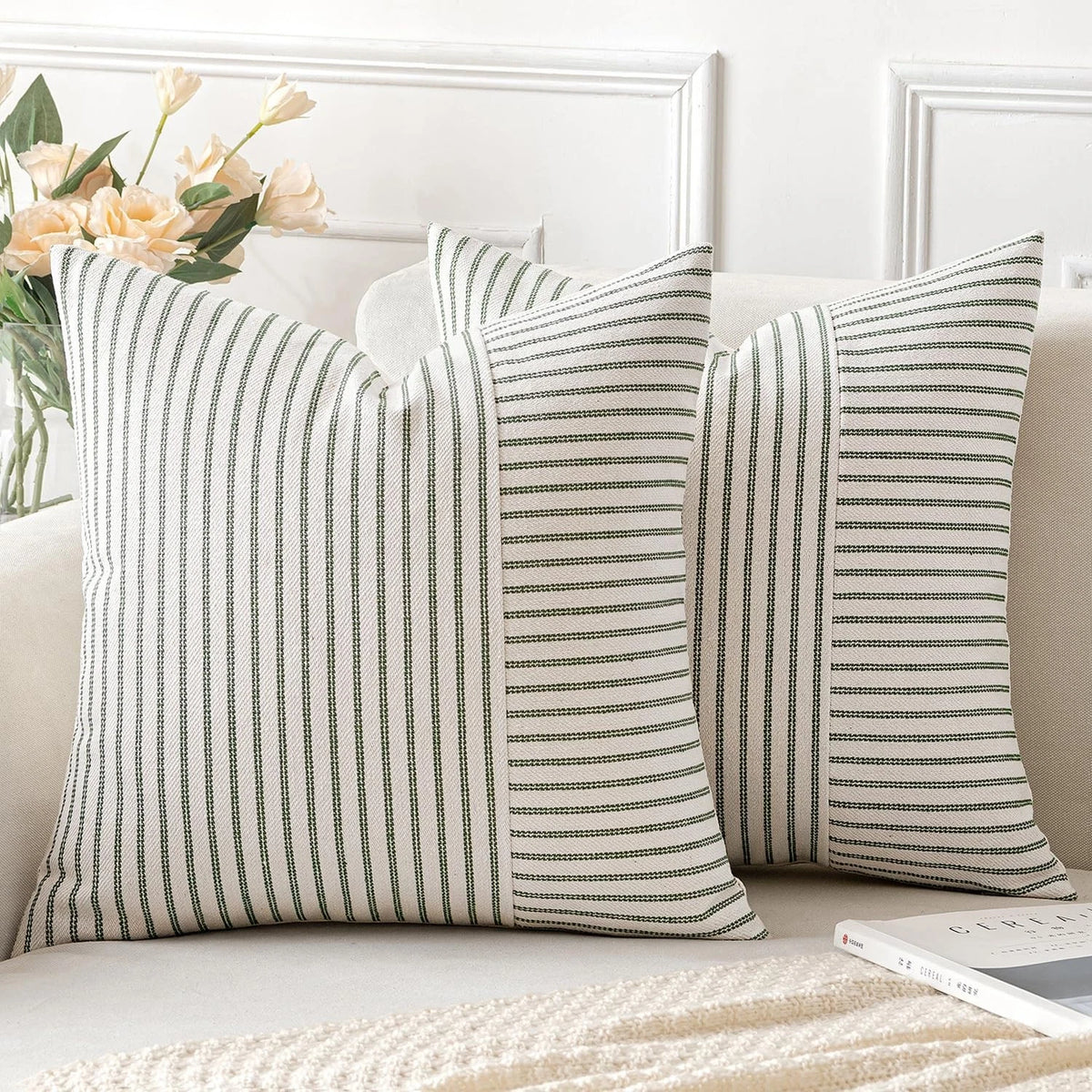 Olive Green and Beige Patchwork Farmhouse Pillow Covers 18x18 Inch, Pack of 2 St