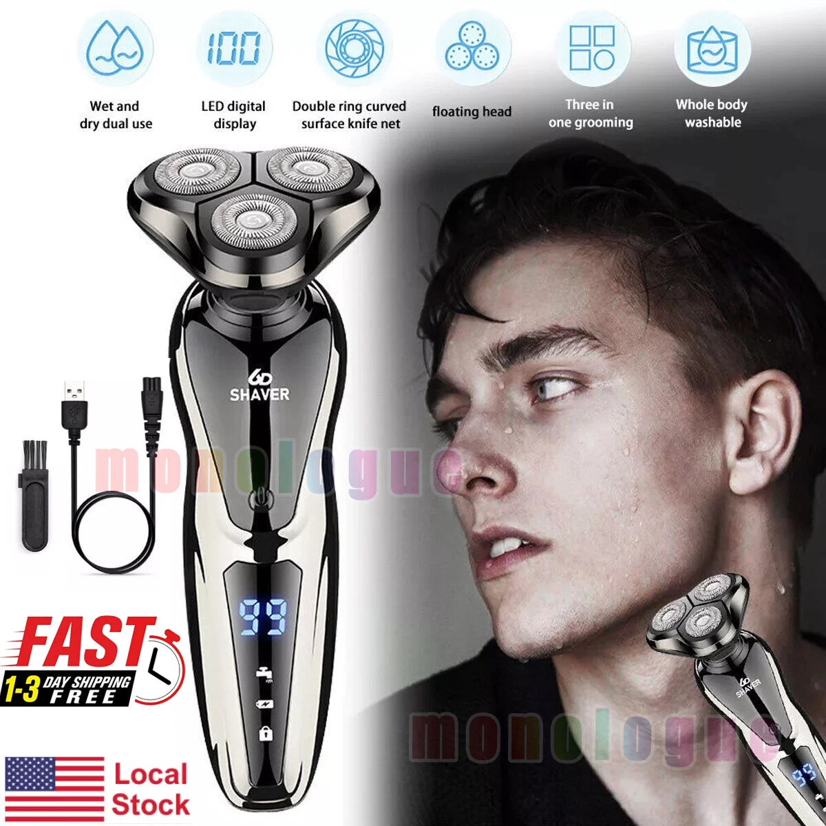 Electric Shaver Beard Shaving Rechargeable USB Men Wet/Dry Trimmer Rotary Razor