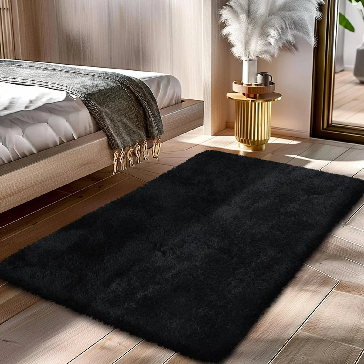 Fluffy Rug Shag Area Rug, Black 2x4 Area Rugs for Bedroom, Small Bedside Rug,