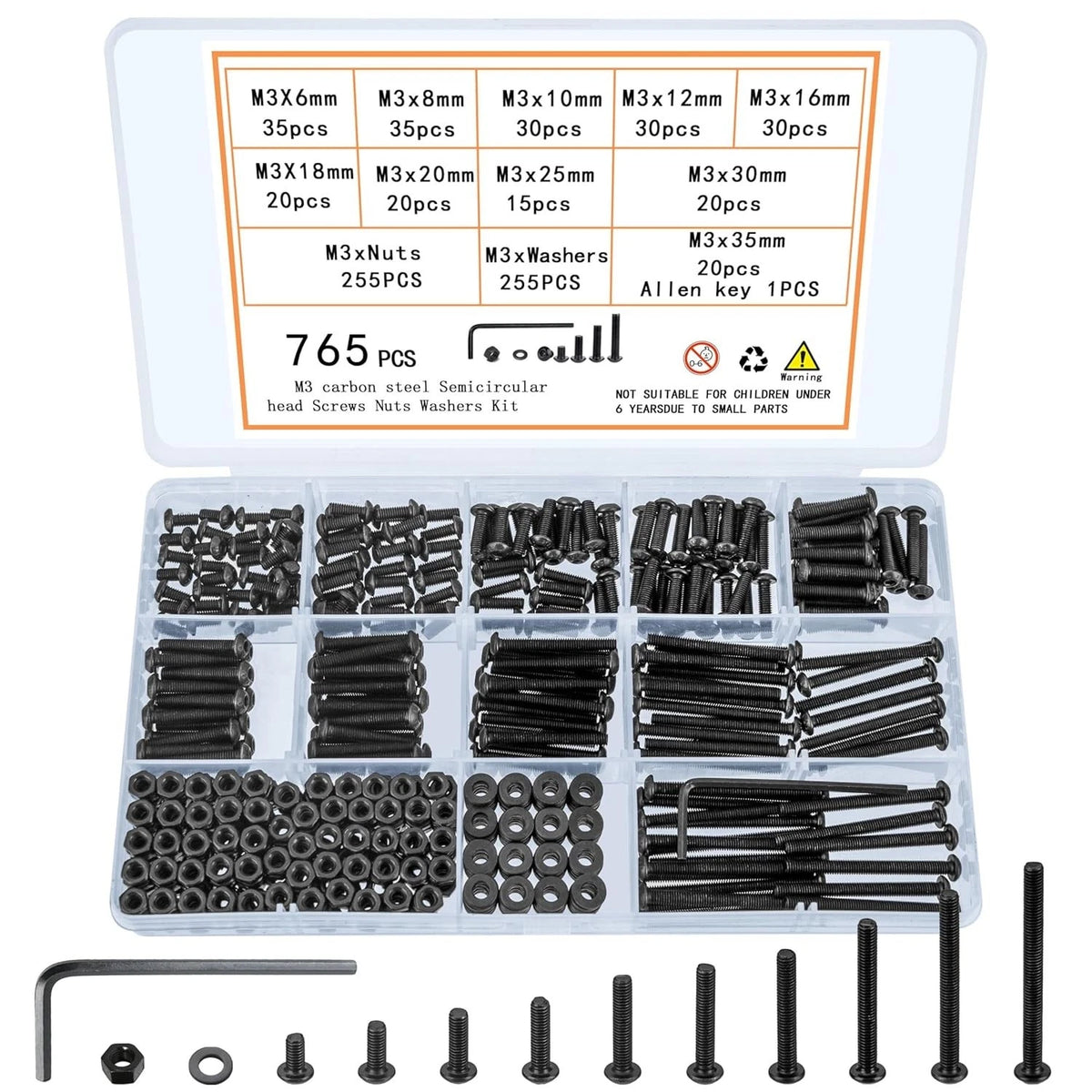 QOOSIKICC 765 Pcs M3 Bolt and Nut Kit - Hex Socket Button Head Cap Screws, Washe