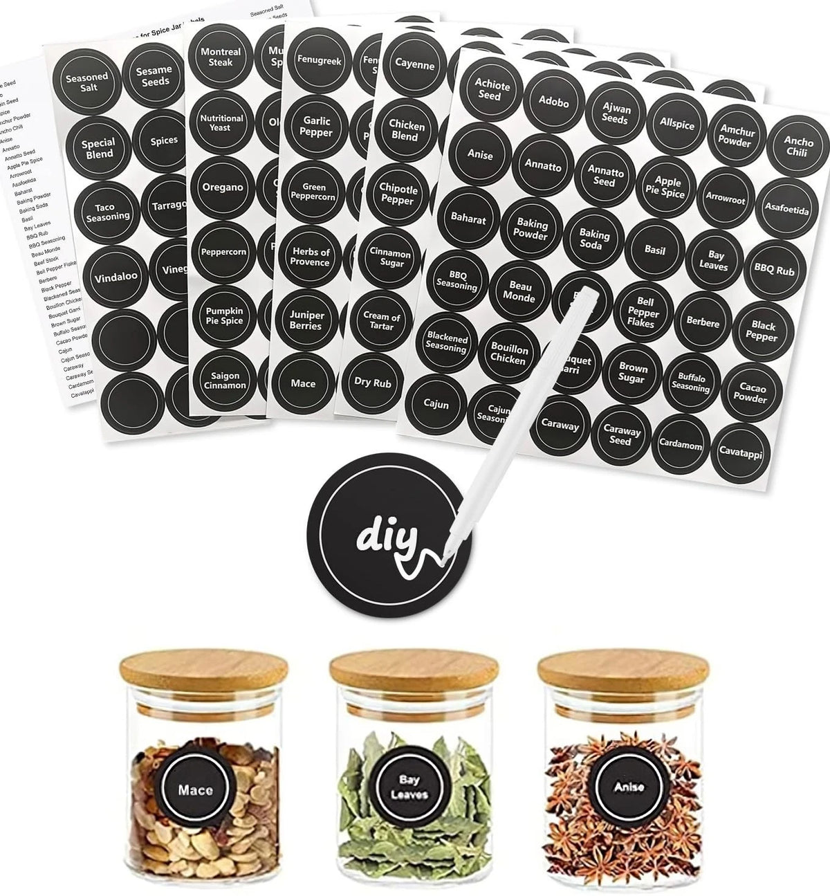 180 Spice Jar Labels - Chalkboard Stickers, Preprinted and Blank - 1.5 in