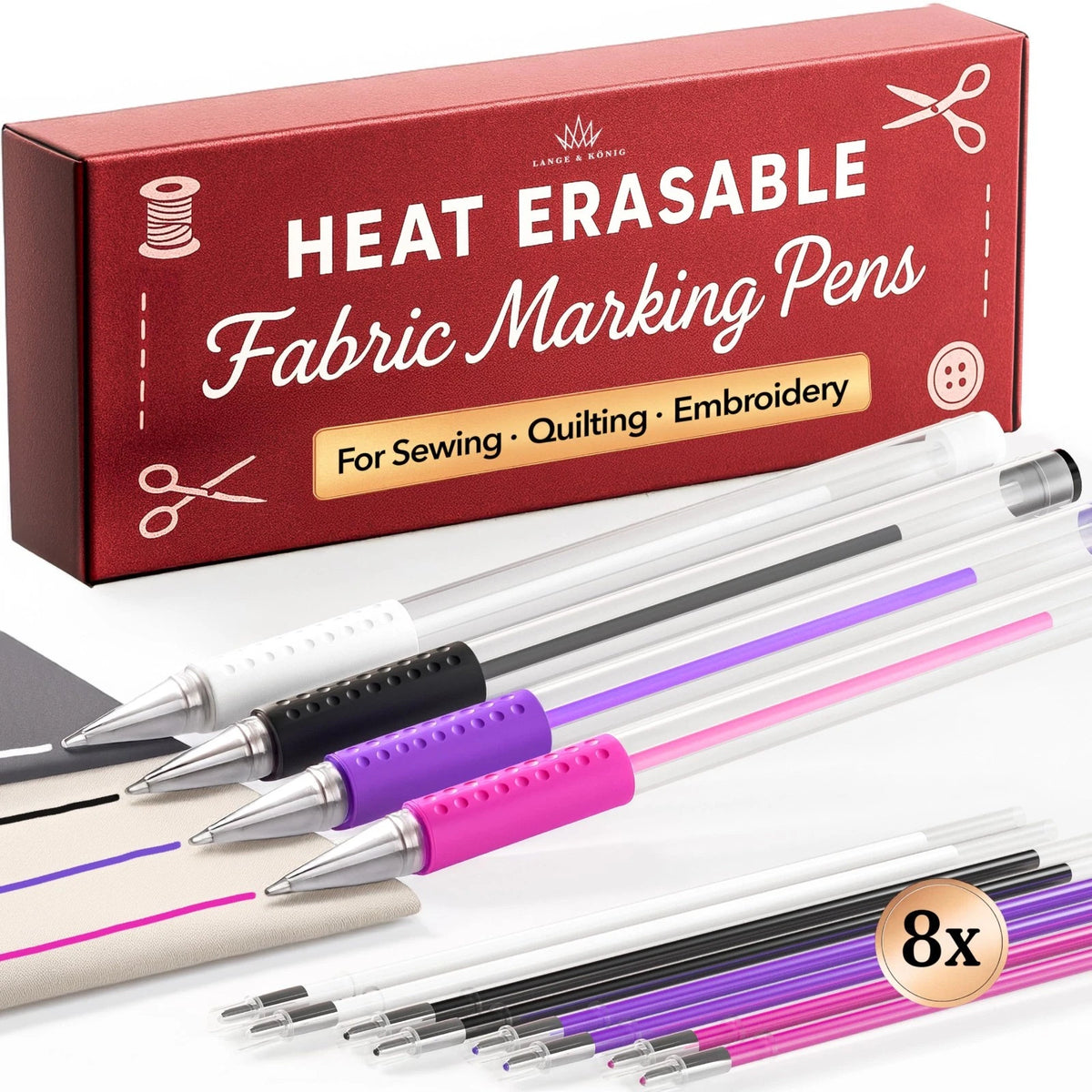 Heat Erasable Fabric Marking Pens for Sewing - 4 Pens + 8 Refills - Sewing Su...