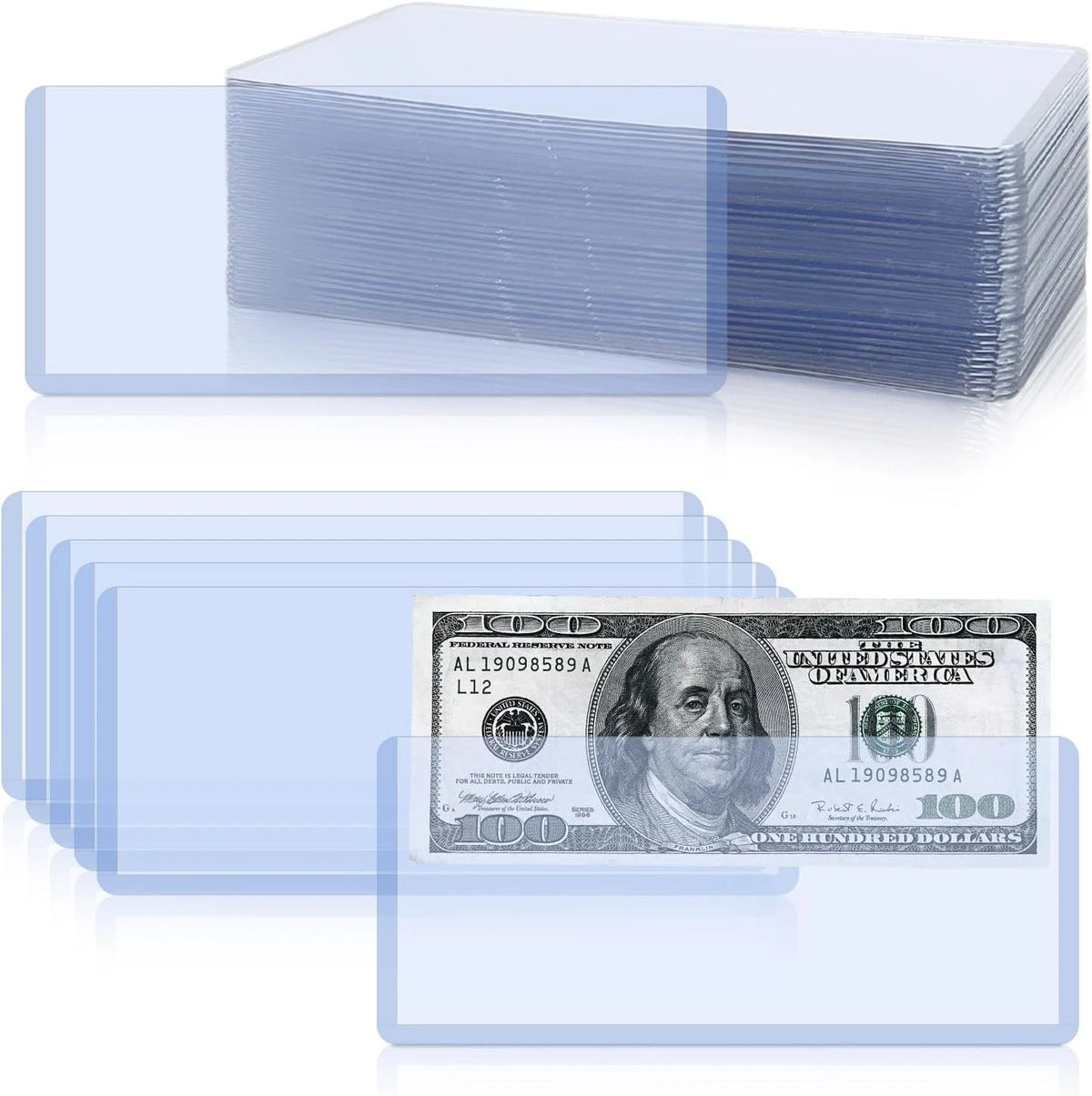 50 Pack Hard Plastic Clear Money Holder 6.8 x 2.9 PVC Transparent Bill Mon