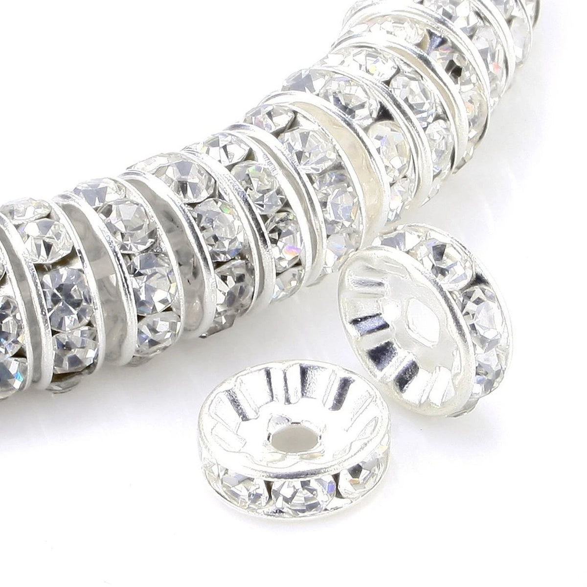 100Pcs Rondelle Spacer Beads 8mm Silver Plated Czech Crystal Rhinestone for J