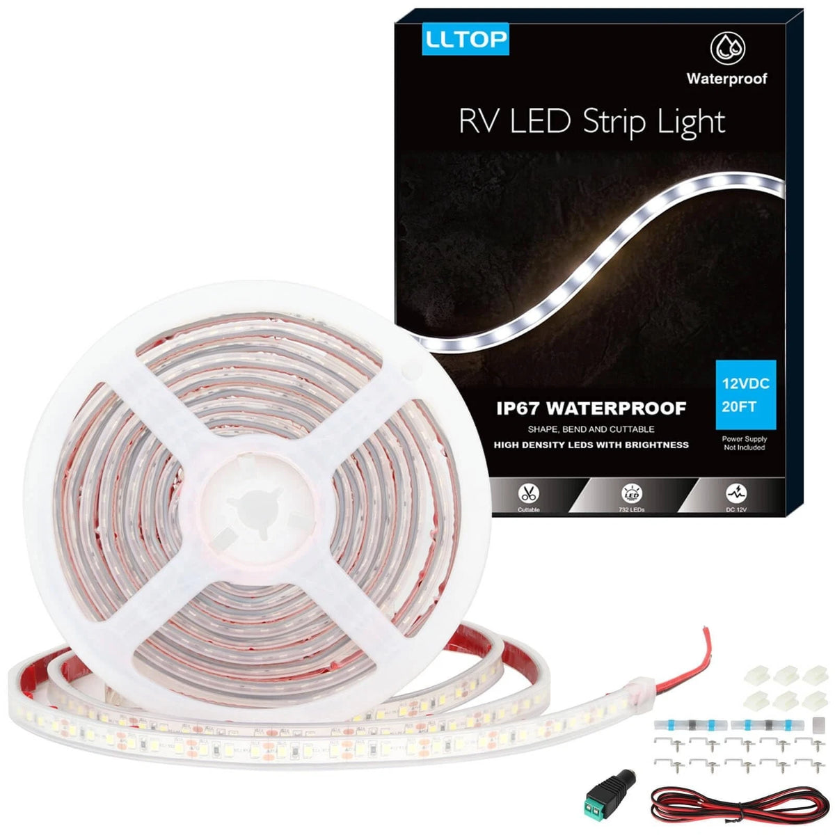 LLTOP RV Awning Lights 12V 20ft White LED Strip Outdoor Camper Waterproof IP67