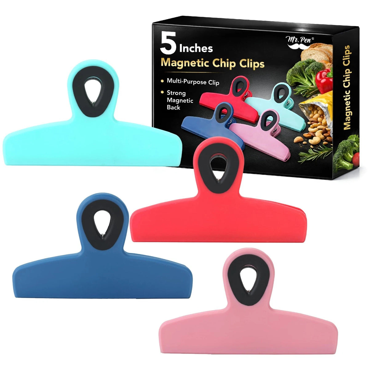 Magnetic Chip Clips - 4 Pack, 5 Inches Wide, Heavy Duty, Clips for Bags & Fridg
