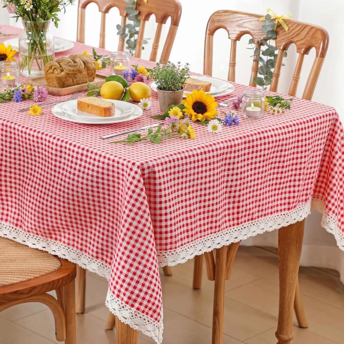 Red and White Gingham Tablecloth with Lace Trim Plaid Tablecloth Checkered Table