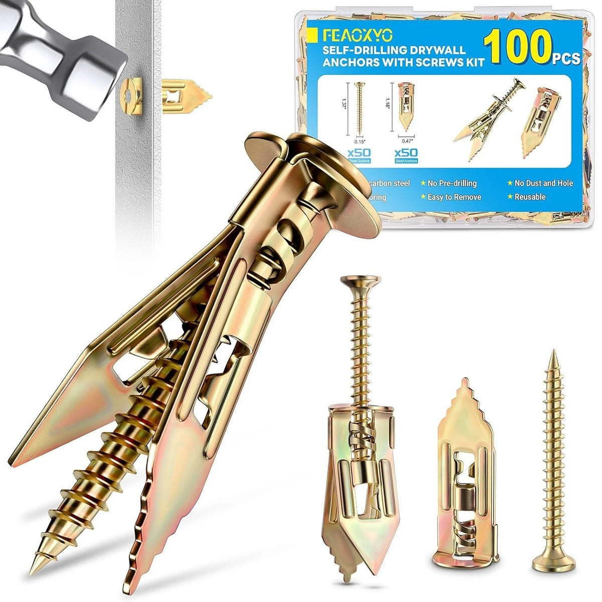 Upgraded 100 Pcs Self Drilling Drywall Anchors with Screws Kit, Zinc Plated S...