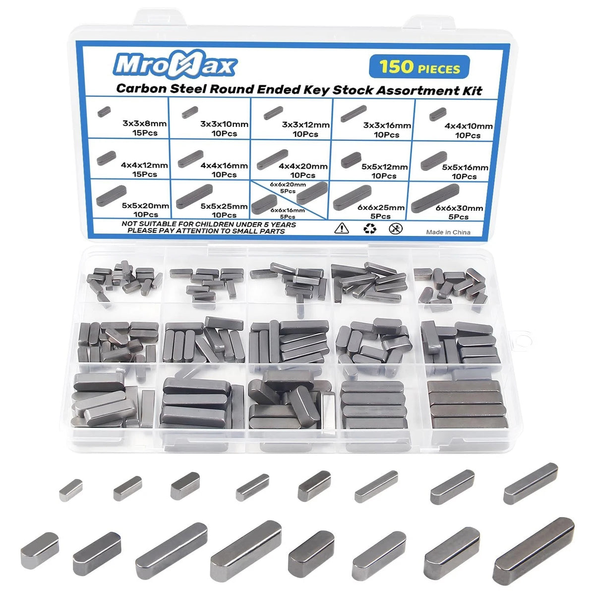 MroMax 150Pcs Round Ended Feather Key 16 Sizes Parallel Drive Shaft Keys Set ...