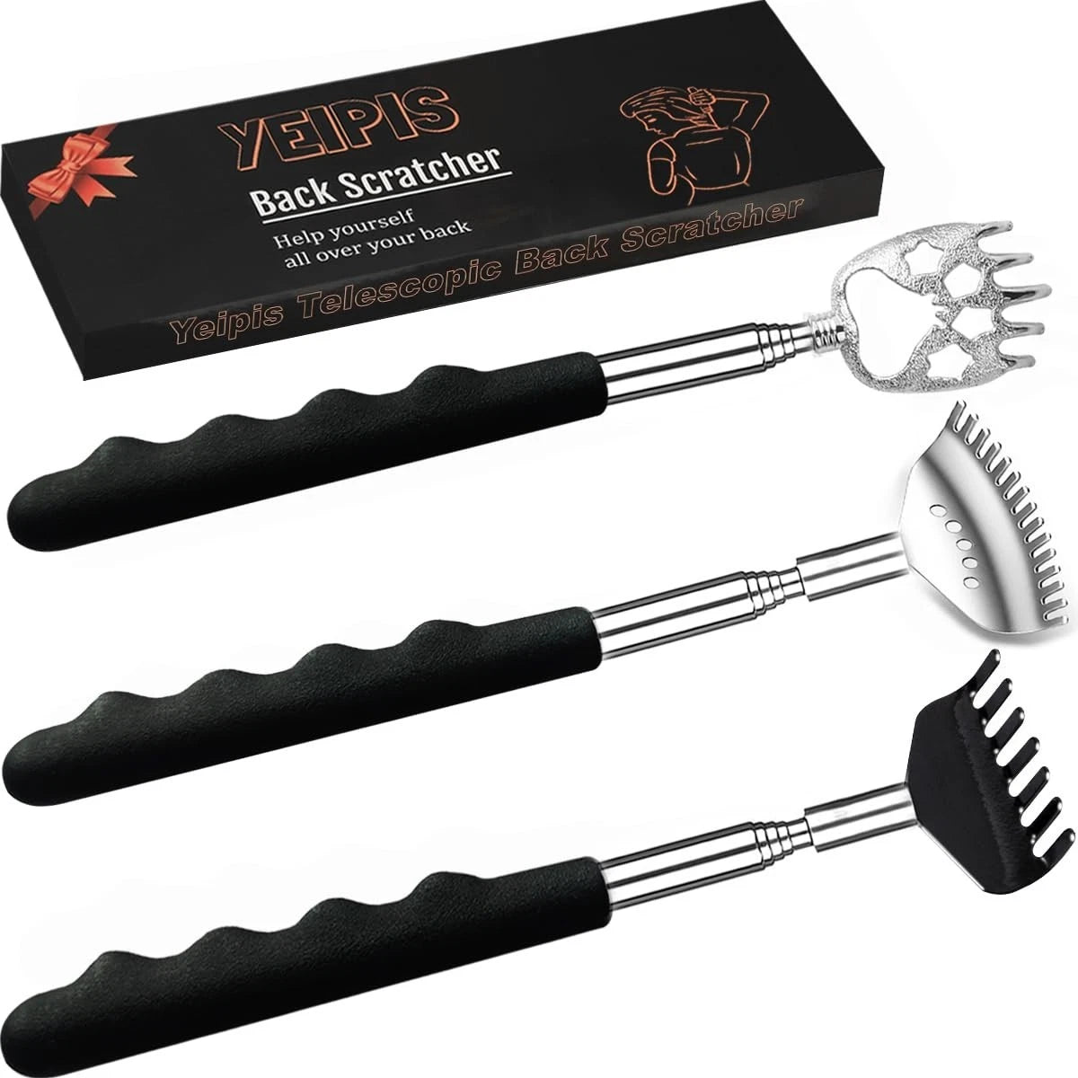 3 Pack Different Back Scratcher Metal Portable Telescoping with Rubber Ha