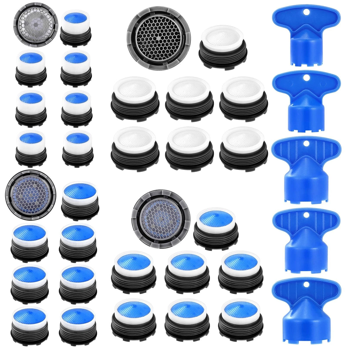 28 Faucet Aerator Inserts Kit w/ 5 Removal Keys M16.5 M18.5 M21.5 M24mm