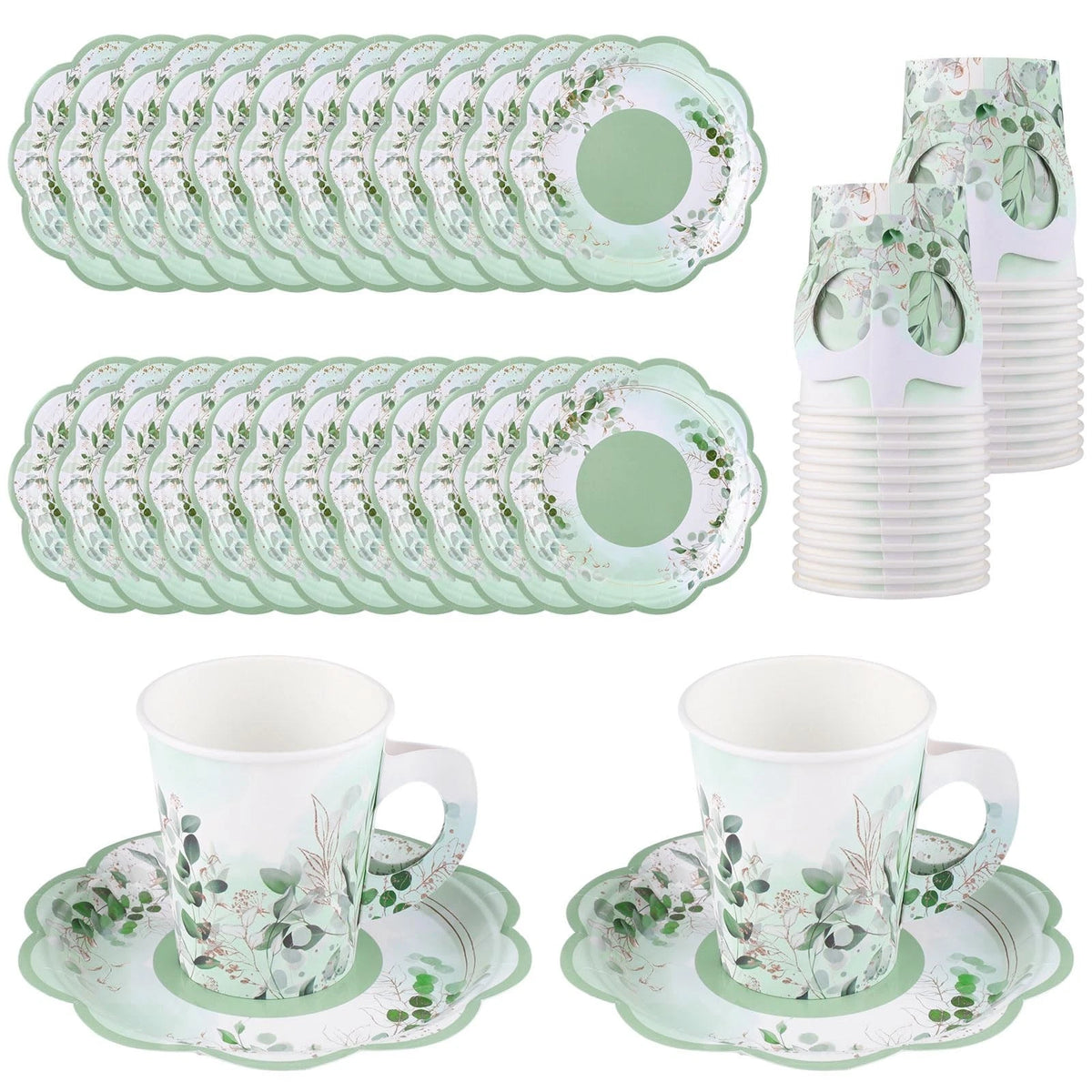 24 Sets Eucalyptus Leaf Tea Party Cups, 7 OZ Disposable Paper Tea Cups with