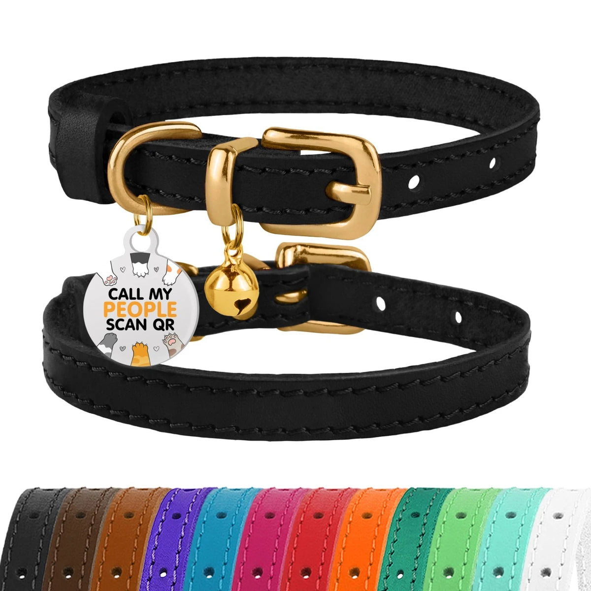 Leather Cat Collar with Removable Bells Non Breakaway Kitten QR Tag for Girl Boy