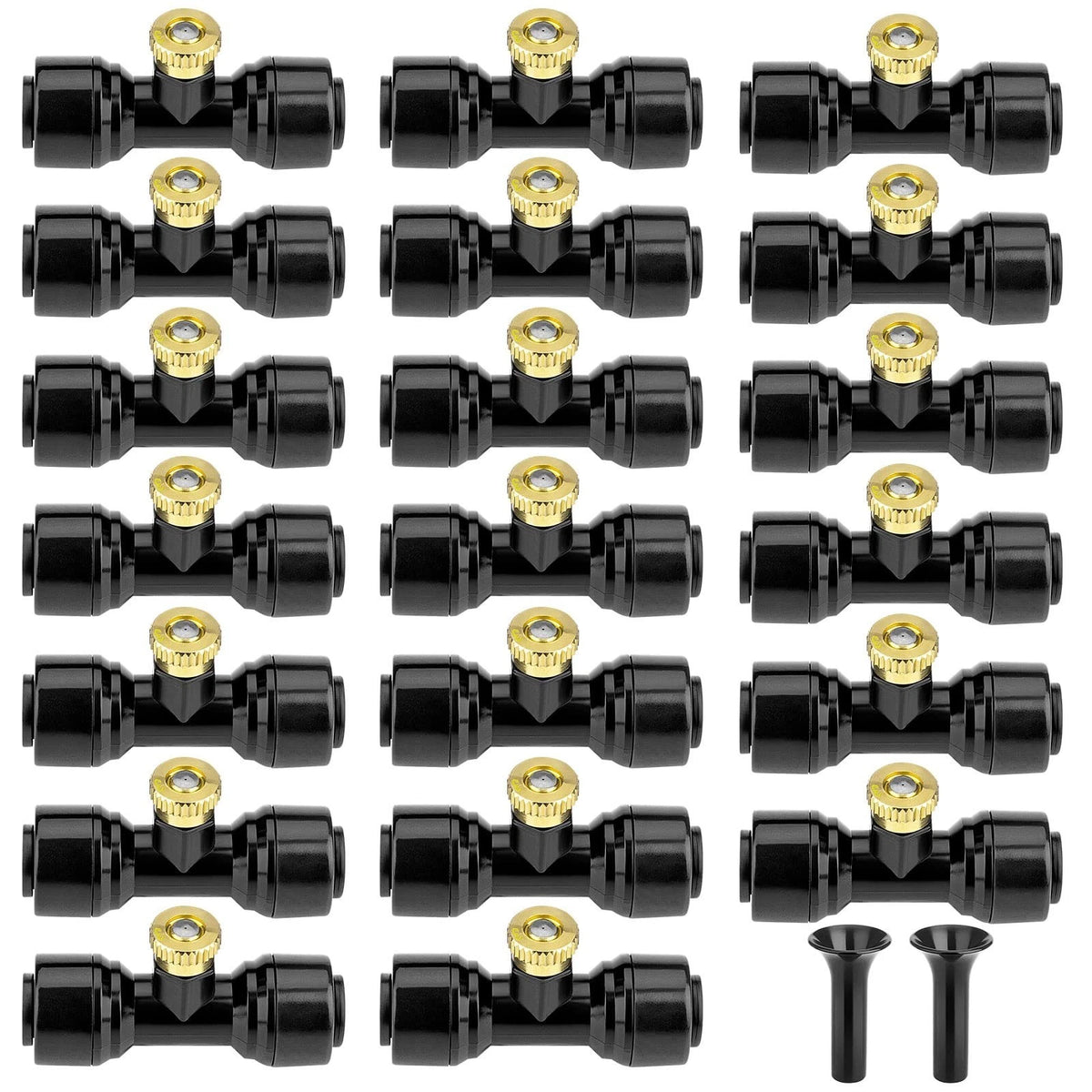 20 Pack Brass Mister Nozzles with 20 Pack Misting Nozzle Tees with 2 Pack End Pl