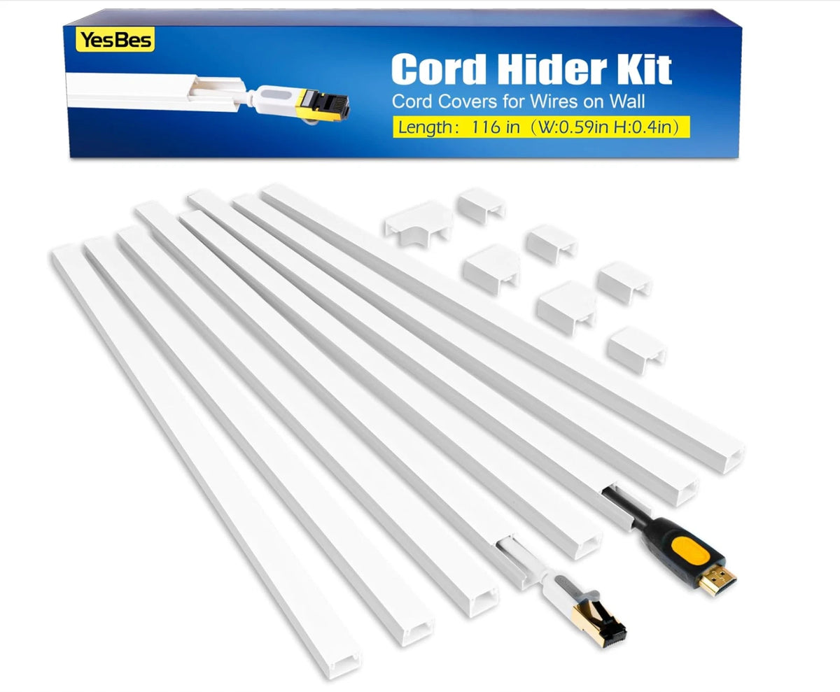 116in Cord Hider Kit Wall Mount TV Cable Raceway Paintable White