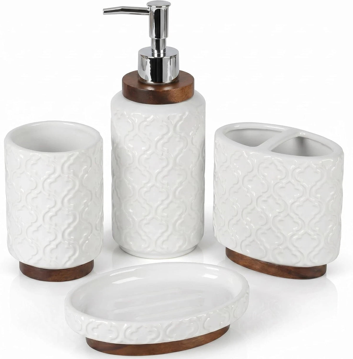 4 Piece Bathroom Accessories Set, White Ceramic Bath Accessory Set with Wood Acc