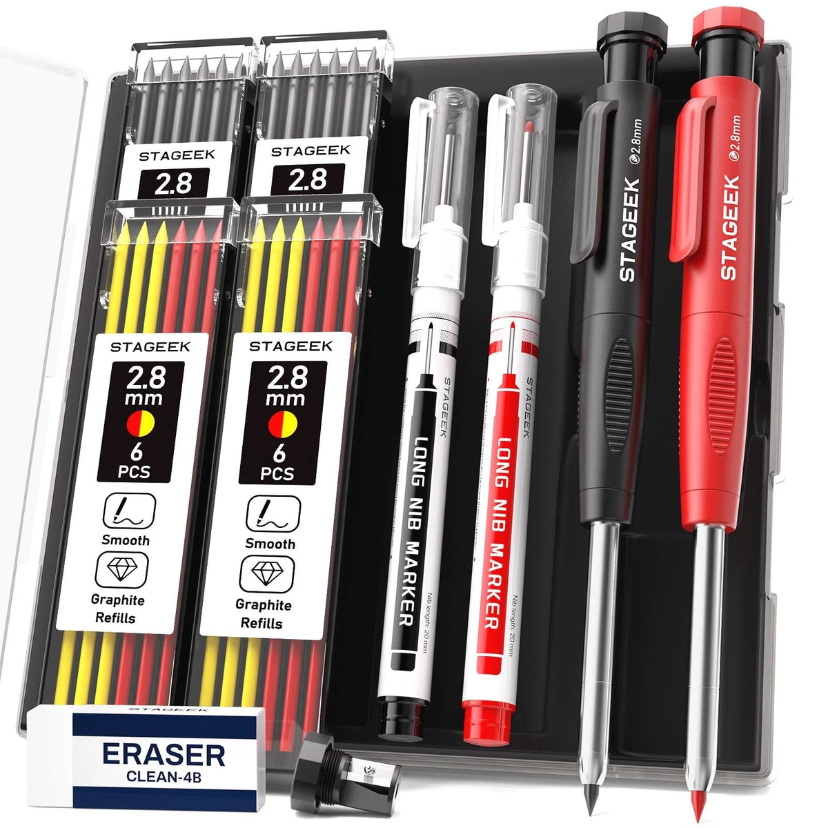 2.8mm Carpenter Pencils with Sharpener, 2-Pack, Storage Case | 26 Refill