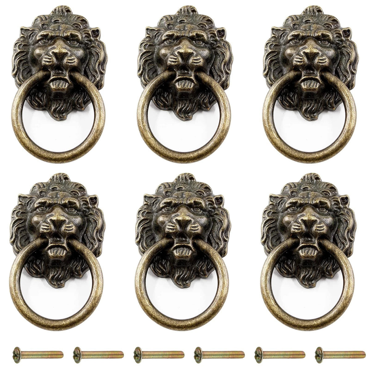 6 Pcs Lion Head Knobs Pull, Antique Bronze Ring Pull Handles for Dresser Drawers