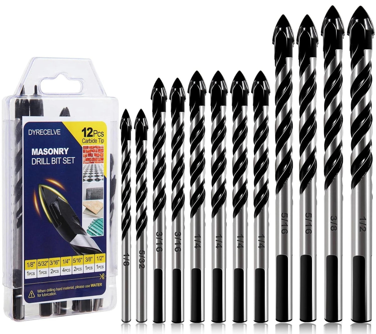 12-PCS Masonry Drill Bit Set & Concrete Drill Bit Set, 1/8 to 1/2 inch