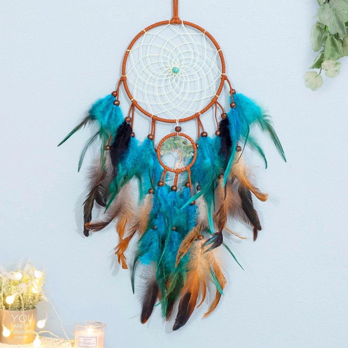 Dream Catcher Blue Tree of Life with Feathers, Handmade Indians Traditional C...