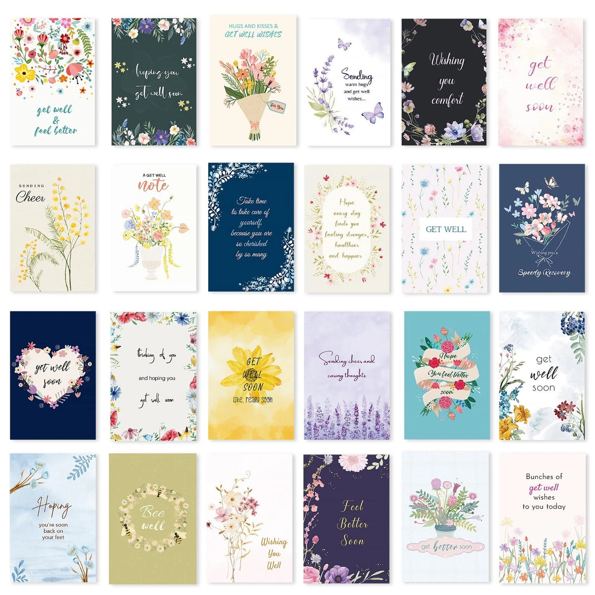 24 Pack Floral Get Well Cards with Self-Adhesive Envelopes 4X6 Boxed