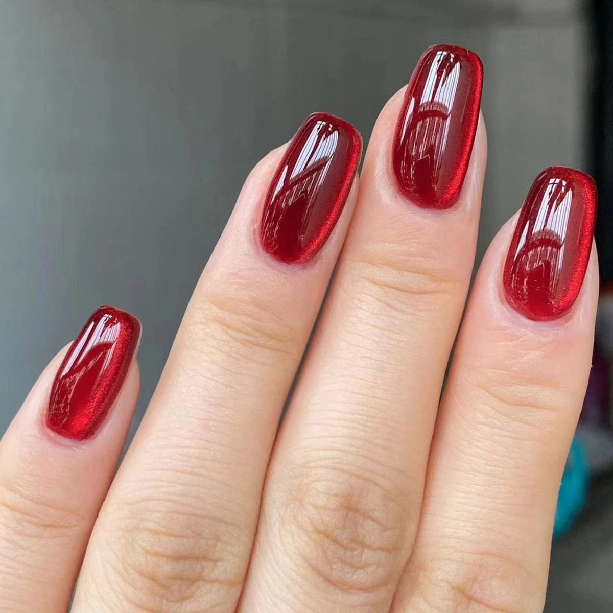 Cat Eye Press on Nails Medium Red Acrylic Nails Press Ons Square Fake Nails Silv
