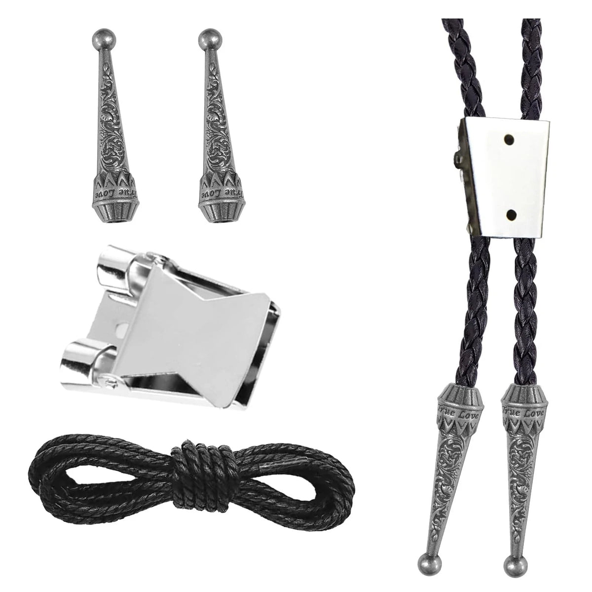 4PCS Bolo Tie Kit Leather Rope with Silver Clasp Supplies Braided Cord Chain and