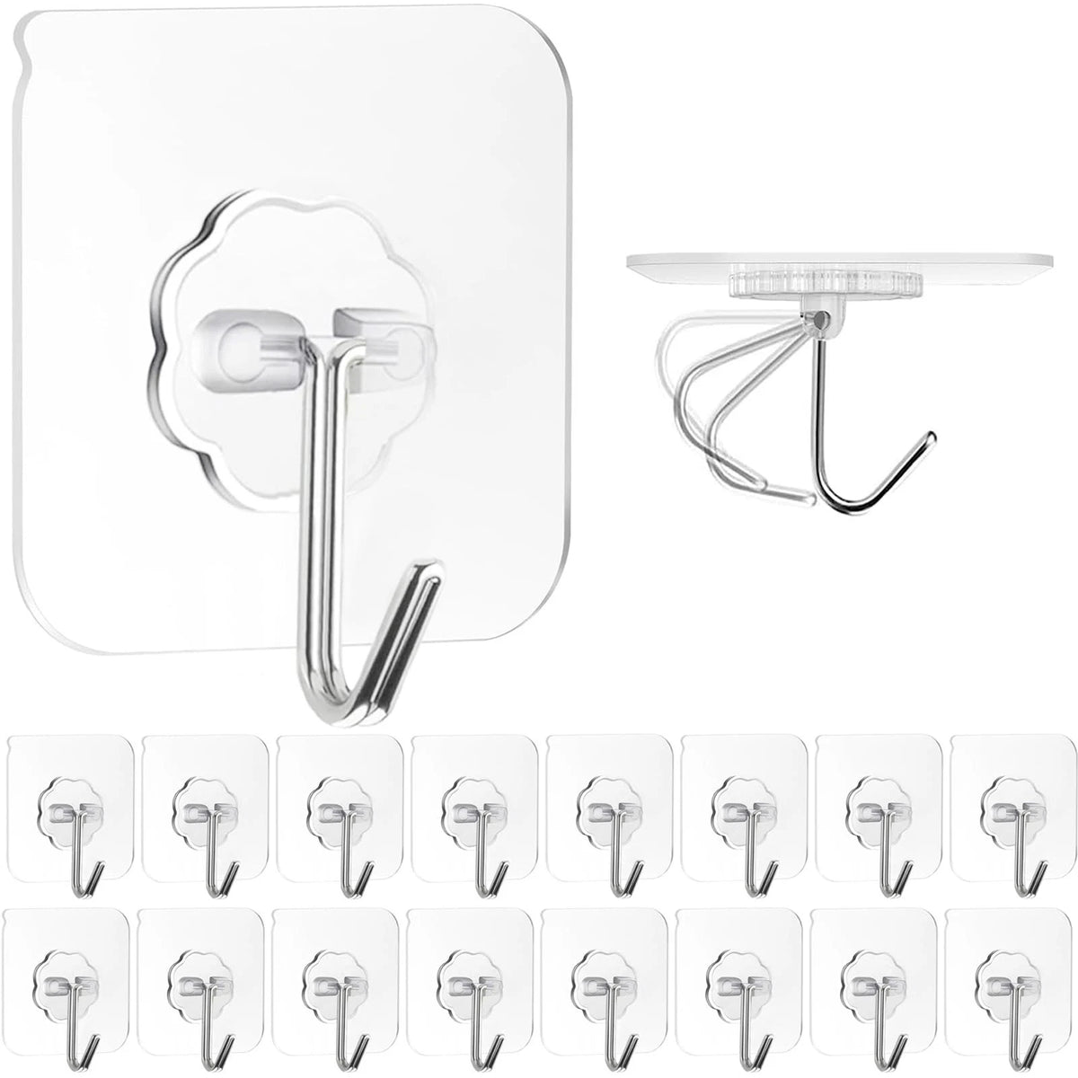 Adhesive Wall Hooks for Hanging, 16 Pack Self Sticky Hooks Heavy Duty 22Lb Clear
