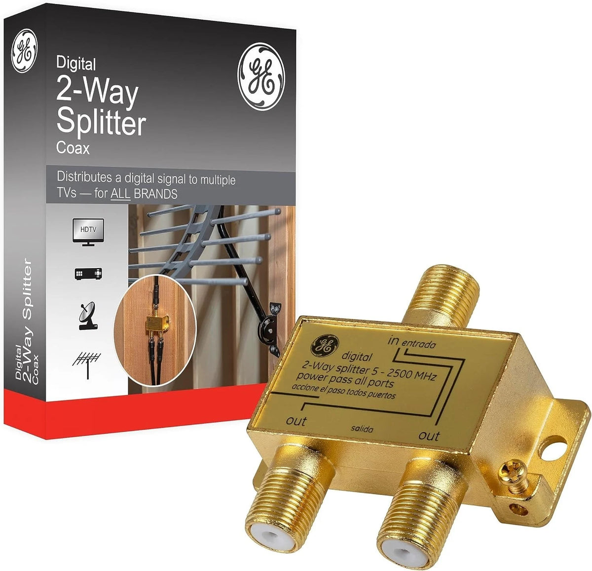 Digital 2-Way Coaxial Cable Splitter, 2.5 Ghz 5-2500 Mhz, RG6 Compatible, Works