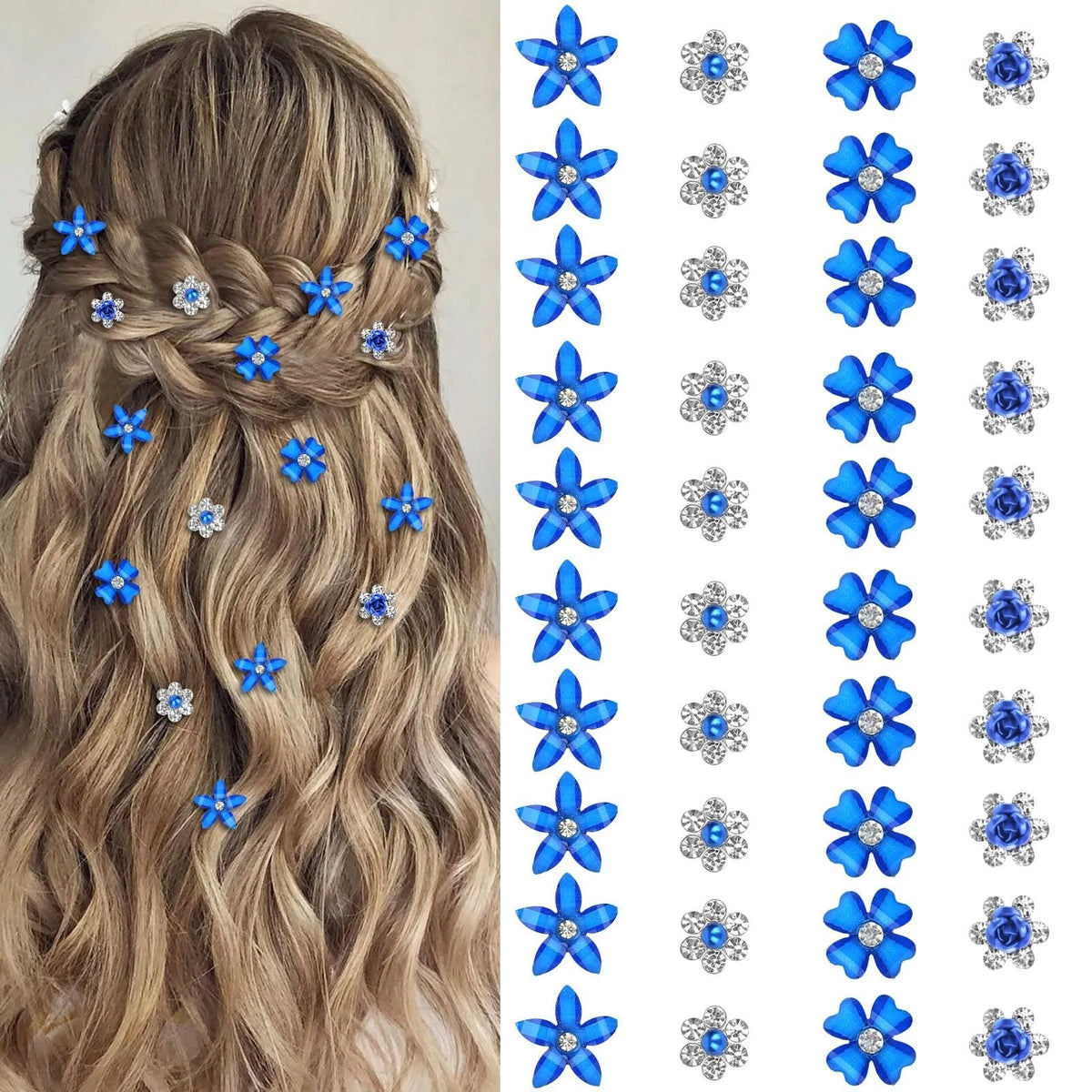 40 Pcs Mini Dark Blue Flower Hair Clips Cute Rhinestone Hair Pins Small Decorati